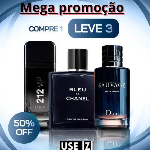 Kit Exclusivo: 3 Perfumes Importados (100ml) - Sauvage Dior, Bleu de Chanel, 212 VIP Black - Oferta Limitada - Useizibr
