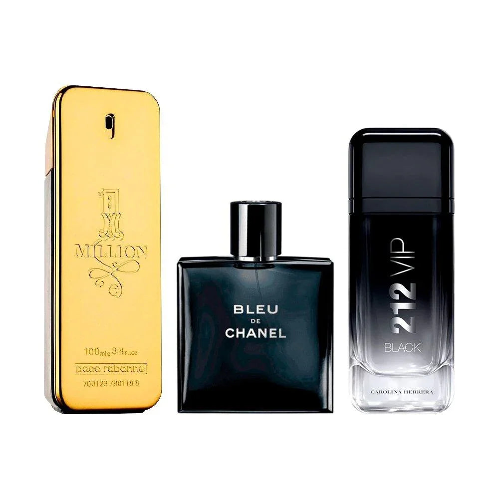 Combo de 3 Perfumes Masculinos - 1 Million, Bleu de Chanel e 212 VIP Black - Useizibr